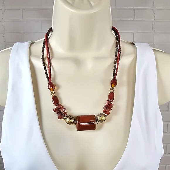 Coldwater Creek Red Jasper and Gold Tone Beaded Necklace - Picture 1 of 8